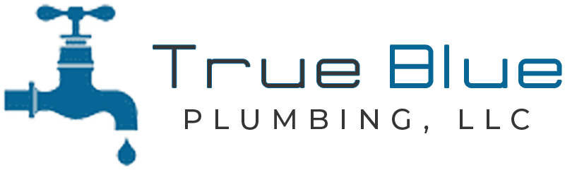 Logo for True Blue Plumbing, LLC, featuring a blue faucet with a water droplet, and the company name in blue text.