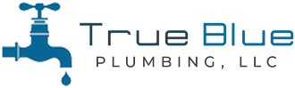Logo for True Blue Plumbing, LLC, featuring a blue faucet with a water droplet, and the company name in blue text.