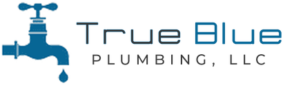 Logo for True Blue Plumbing, LLC, featuring a blue faucet with a water droplet, and the company name in blue text.