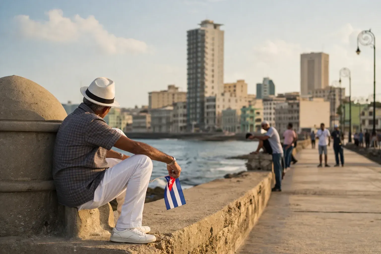 Cuban man sitting on Havana seaside promenade holding small Cuban flag