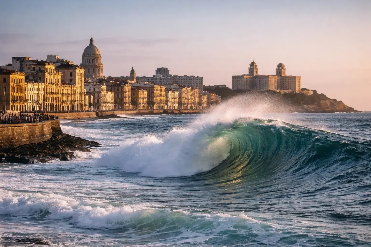 Powerful ocean wave crashing along Havana coastline with historic buildings and skyline in warm suns