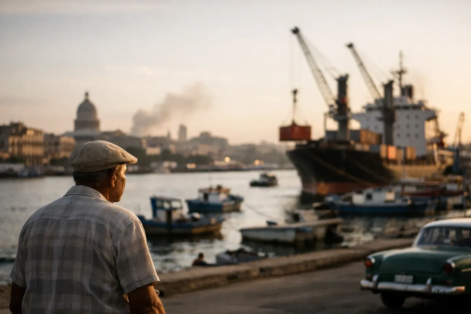 Cuban harbor at sunset with cargo ship, cranes, fishing boats