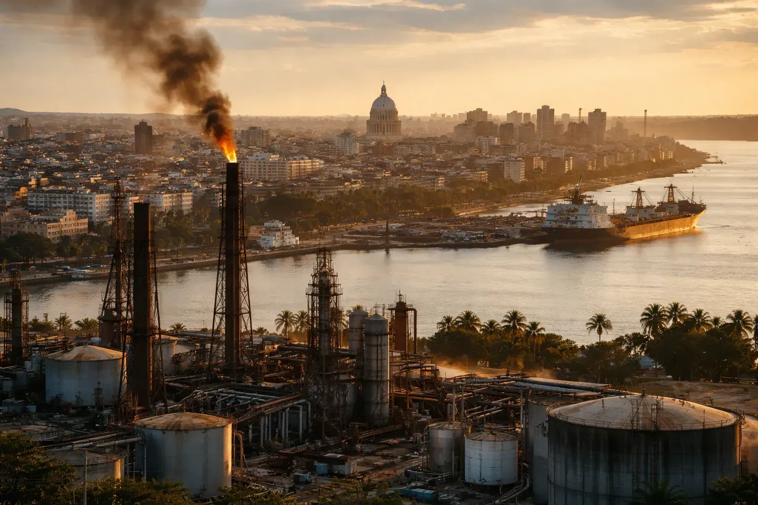 Oil refinery with flaring stack near Havana coastline at sunset, cargo ship in harbor and city 