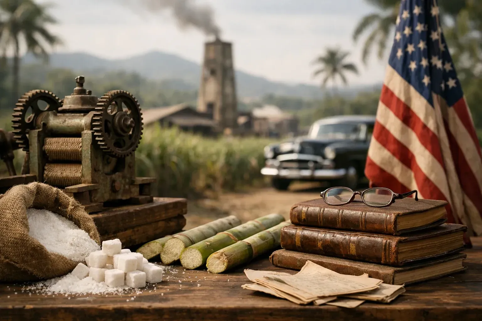 Vintage sugarcane mill with raw sugar, books, and American flag on rural plantation
