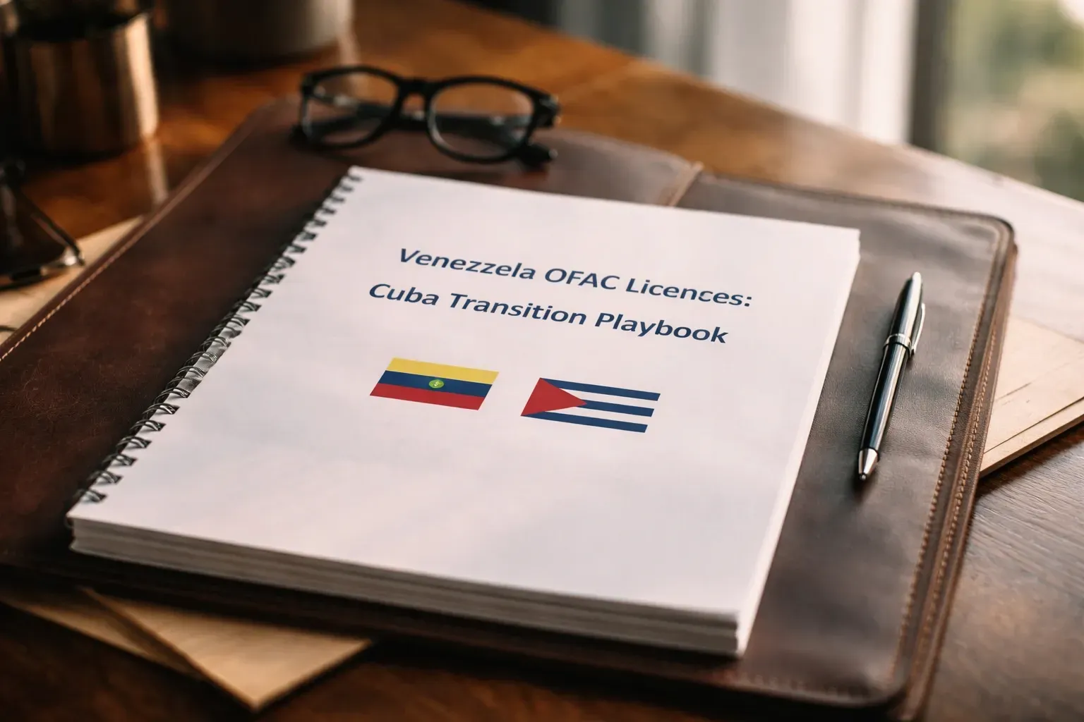 Close-up of Cuba transition playbook with Venezuela OFAC licenses on desk with pen and glasses in wa