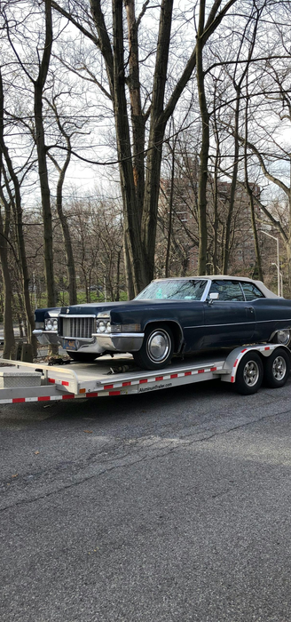 Dark blue classic car on a trailer, in front of trees on a gravel road.