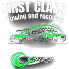 Green tow trucks; "First Class Towing and Recovery" logo with a hook and chain.