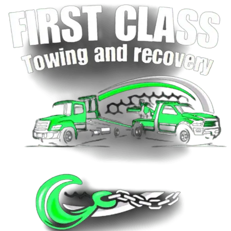Green tow trucks; "First Class Towing and Recovery" logo with a hook and chain.