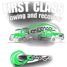 Green tow trucks; "First Class Towing and Recovery" logo with a hook and chain.