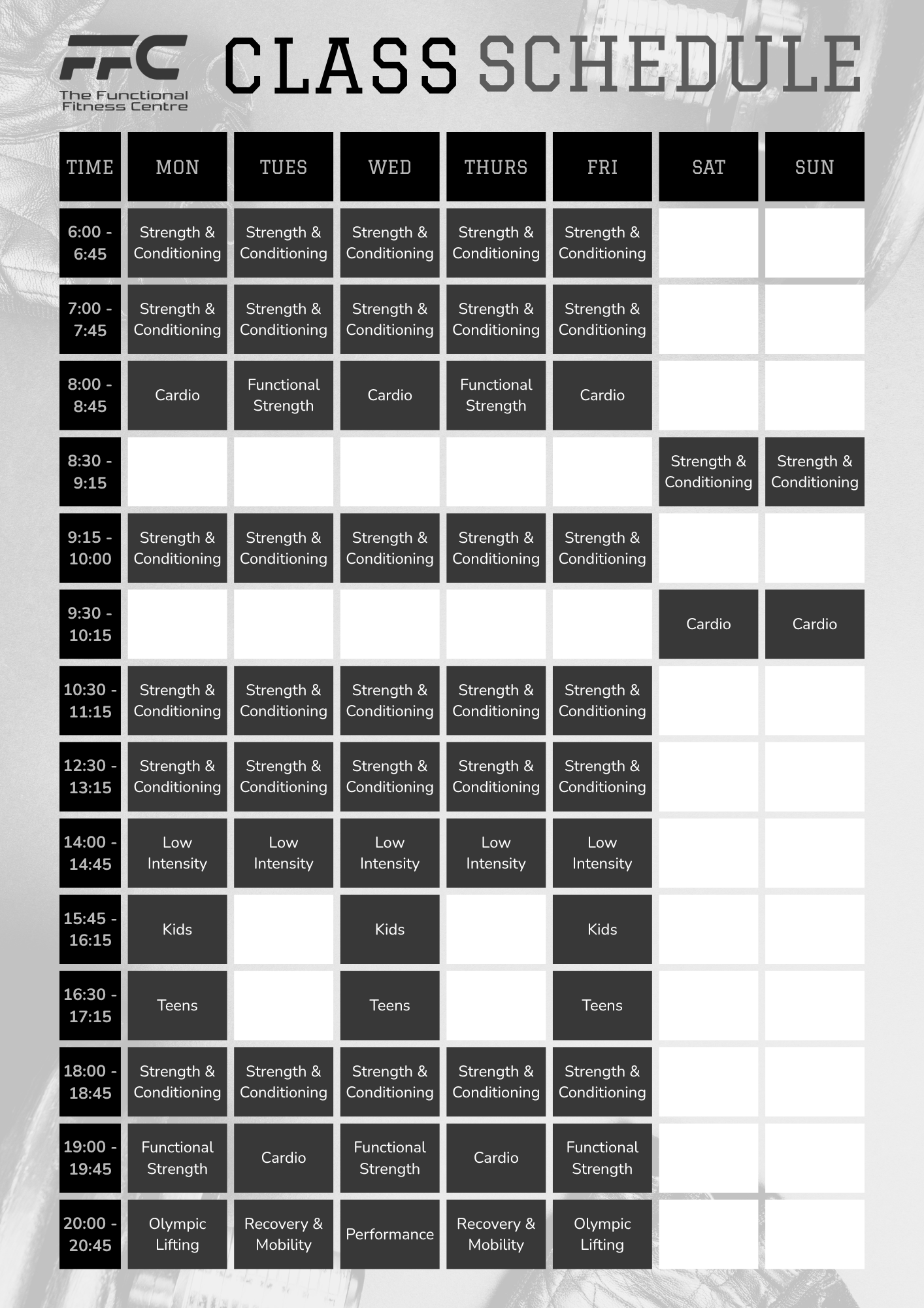 A black-and-white grid schedule for FFC fitness classes, listing times from 6:00 to 20:00 across all seven days of the week.