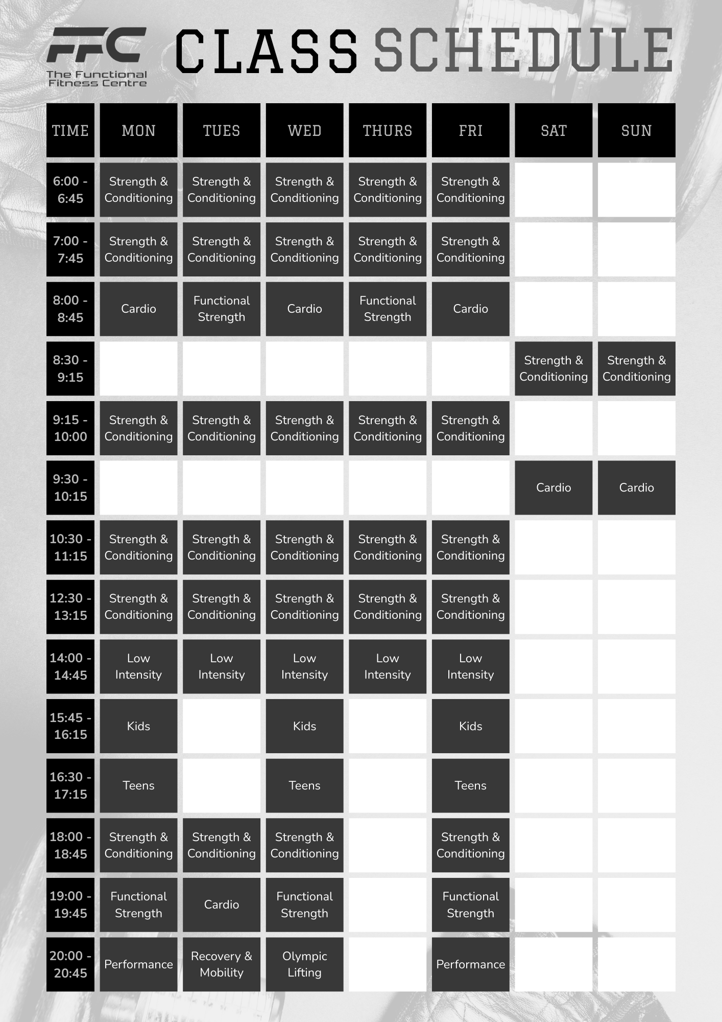 A black-and-white grid schedule for FFC fitness classes, listing times from 6:00 to 20:00 across all seven days of the week.