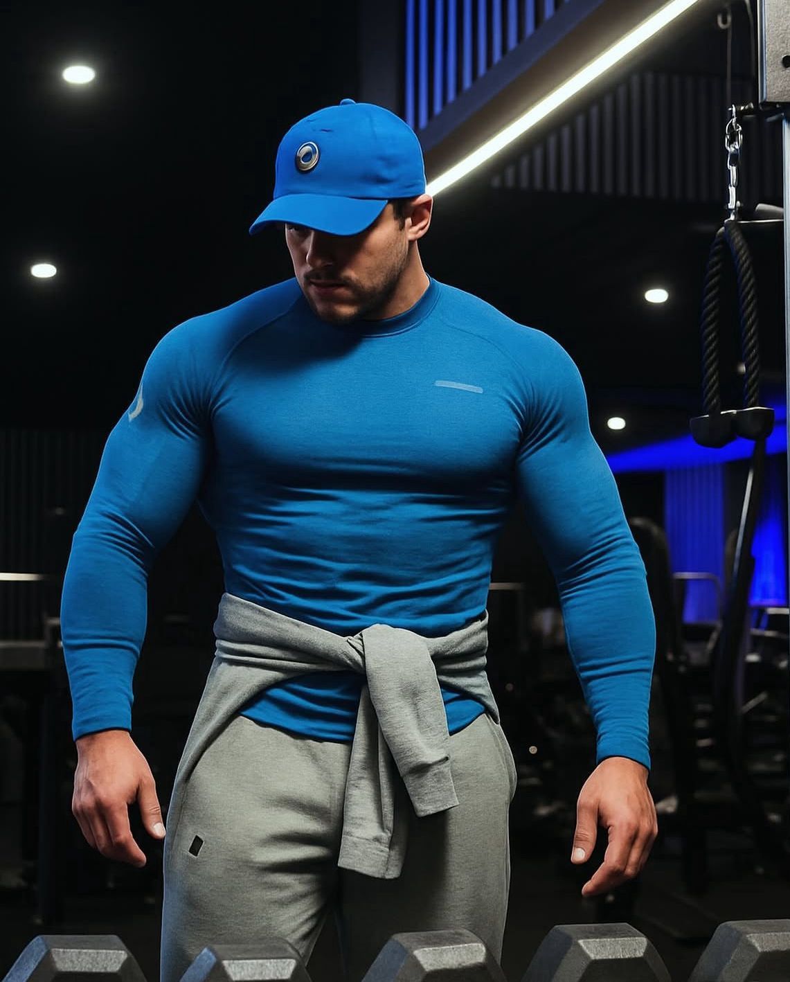 Muscular person in a blue long-sleeved shirt, cap, and gray sweatpants standing in a gym with a sweatshirt tied at waist.
