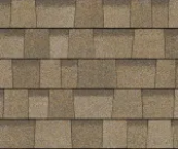 Close-up view of overlapping, multi-toned tan and brown architectural asphalt roof shingles in a repeating pattern.