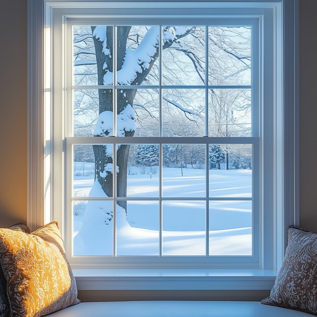 A snowy winter landscape viewed through a bright white grid-paned window, flanked by two decorative throw pillows.