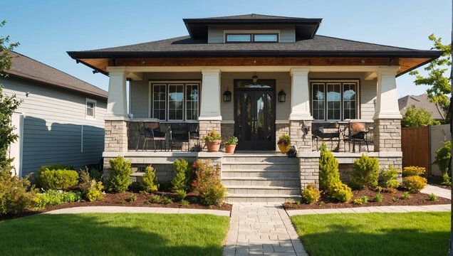 A craftsman-style house with a front porch, stone pillars, a dark door, and a neat lawn with a walkway under a clear sky.