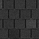 A close-up, top-down view of uniform, rectangular charcoal-colored roof shingles laid in an overlapping pattern.