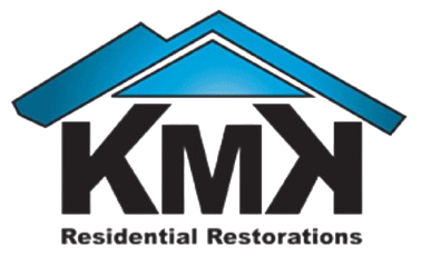 Logo for KMK Residential Restorations featuring the letters "KMK" in black under a blue roof silhouette.