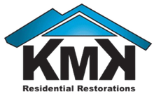 Logo for KMK Residential Restorations featuring the letters "KMK" in black under a blue roof silhouette.