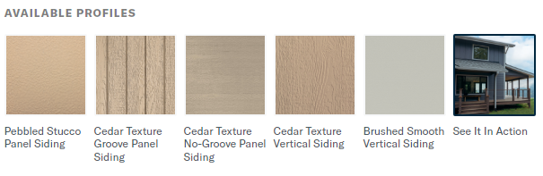 A list of available building siding profiles, including pebbled, cedar, and smooth textures, with a house preview button.