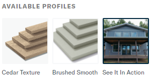 Available profiles: samples of Cedar Texture and Brushed Smooth building materials, plus a house photo to see in action.