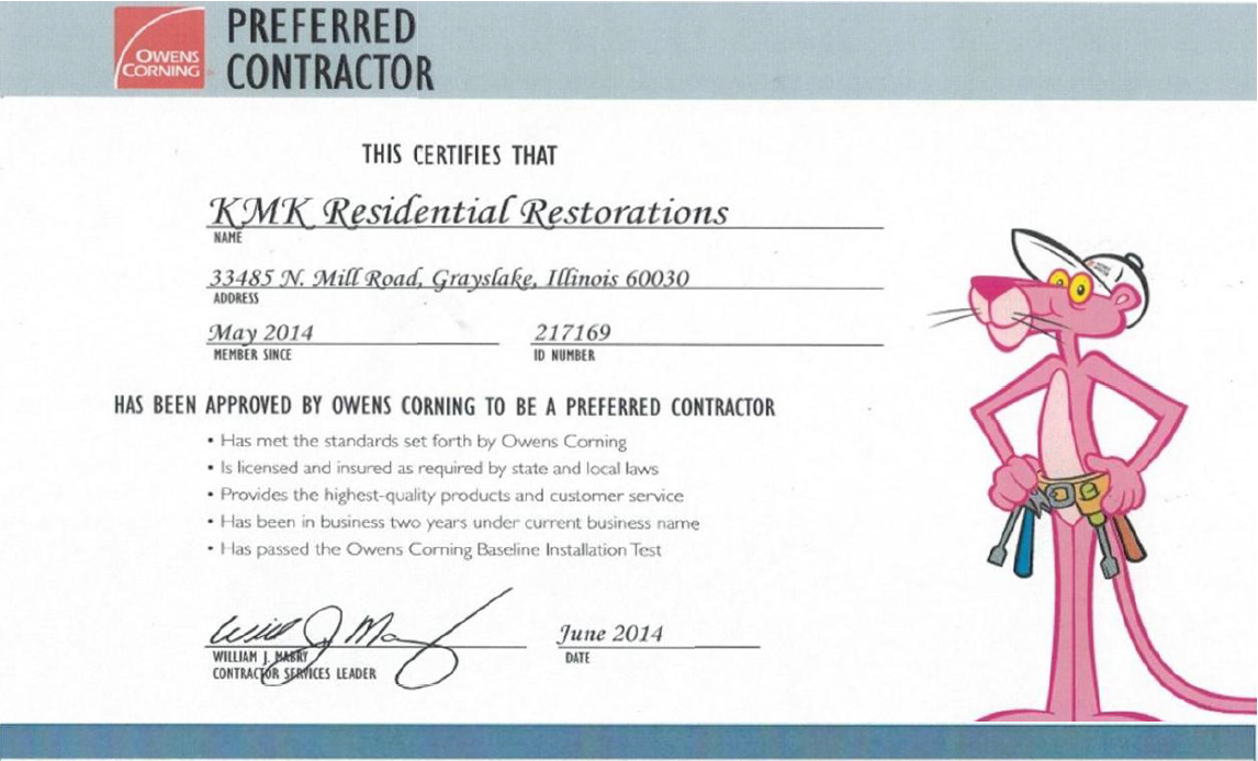 A Preferred Contractor certificate for KMK Residential Restorations featuring the Pink Panther.