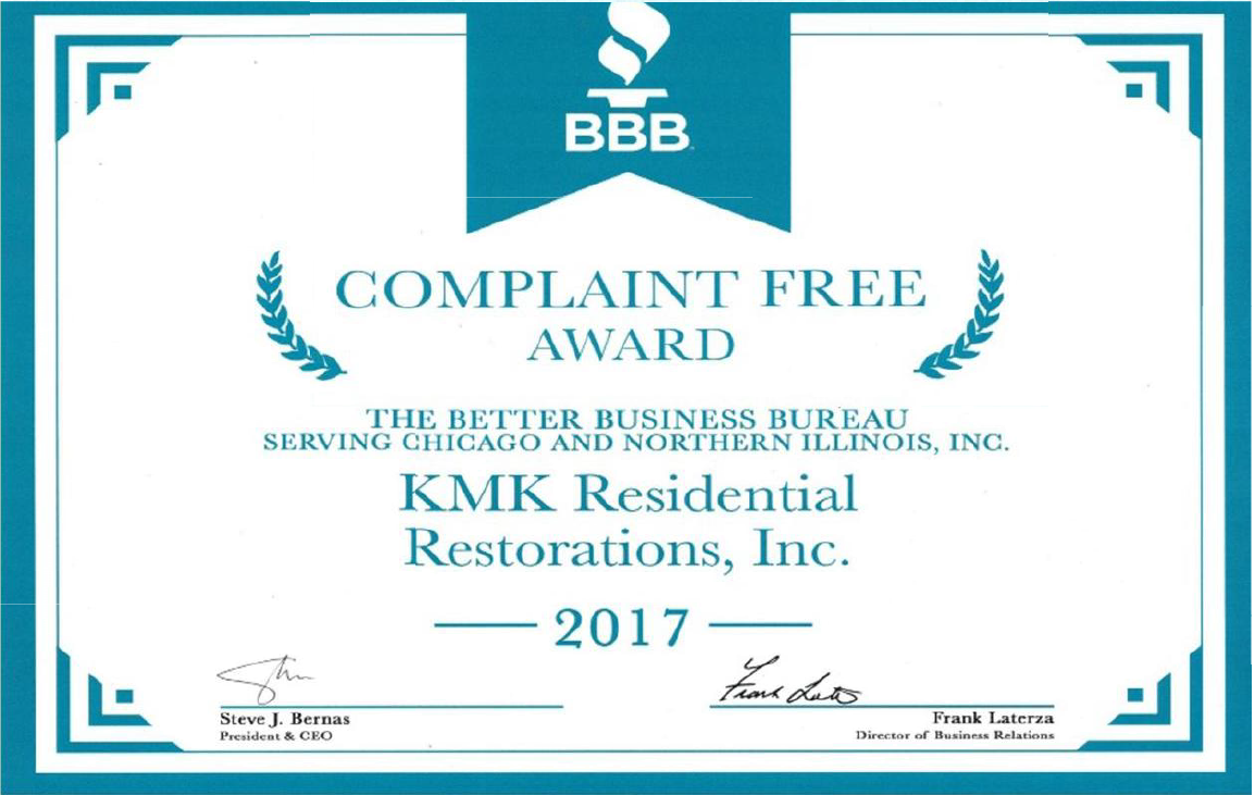 A 2017 Complaint Free Award certificate from the Better Business Bureau for KMK Residential Restorations, Inc.