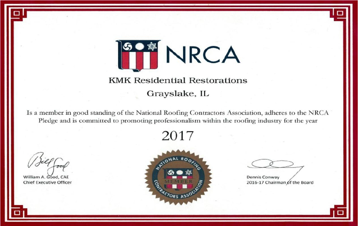 A 2017 NRCA membership certificate for KMK Residential Restorations in Grayslake, IL.