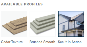 Available Profiles options: Cedar Texture, Brushed Smooth, and a photo of the product installed on a house.