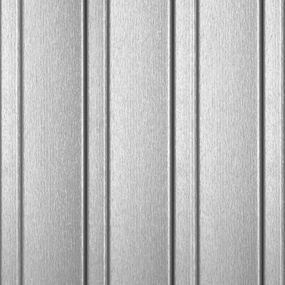 A close-up, vertical pattern of matte silver-grey metal panels with thin, recessed grooves between each segment.