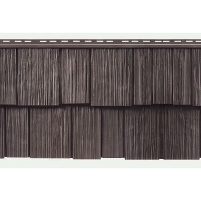 Dark brown, textured cedar-style vinyl siding panels with a vertical wood grain pattern.
