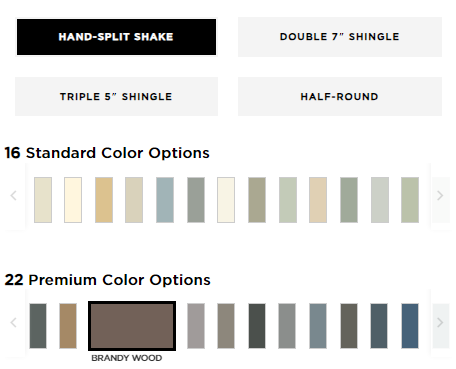 Product selector menu featuring four siding styles, 16 standard color swatches, and 22 premium color swatches.