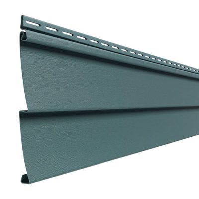 A single panel of dark blue, double-width textured vinyl siding with a nailing strip along the top edge.