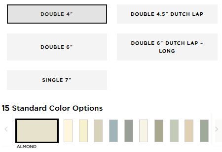 A menu showing five siding profiles and 15 color swatches, with 