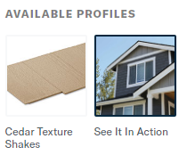 Available profiles: Cedar Texture Shakes shown next to a residential house featuring the shakes on an exterior wall.