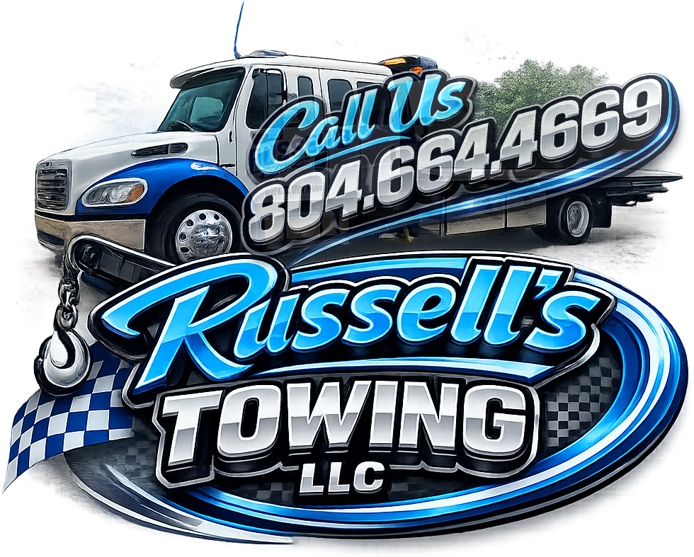 Logo for Russell's Towing LLC featuring a white flatbed tow truck, a blue stylized emblem, and the phone number 804-664-4669.
