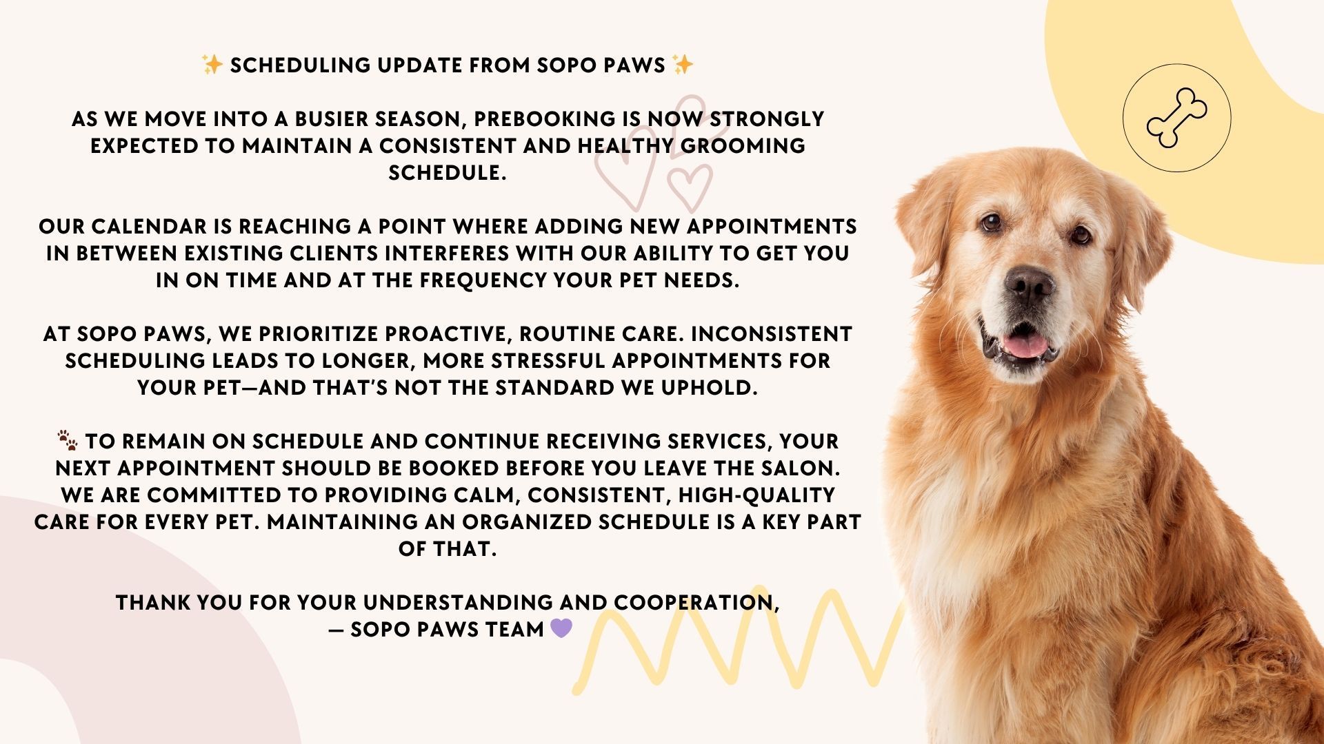 A golden retriever sits beside a scheduling update notice for 