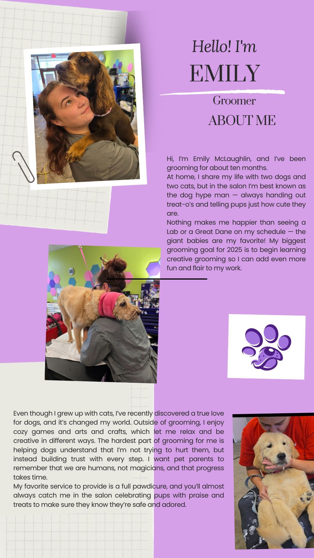 A woman is grooming a white dog in a bathtub.