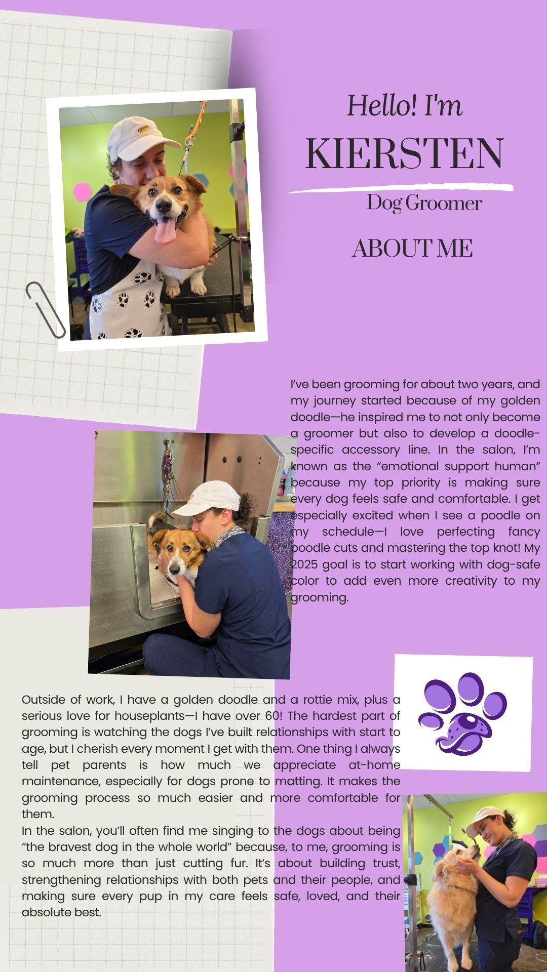 A woman is grooming a white dog in a bathtub.