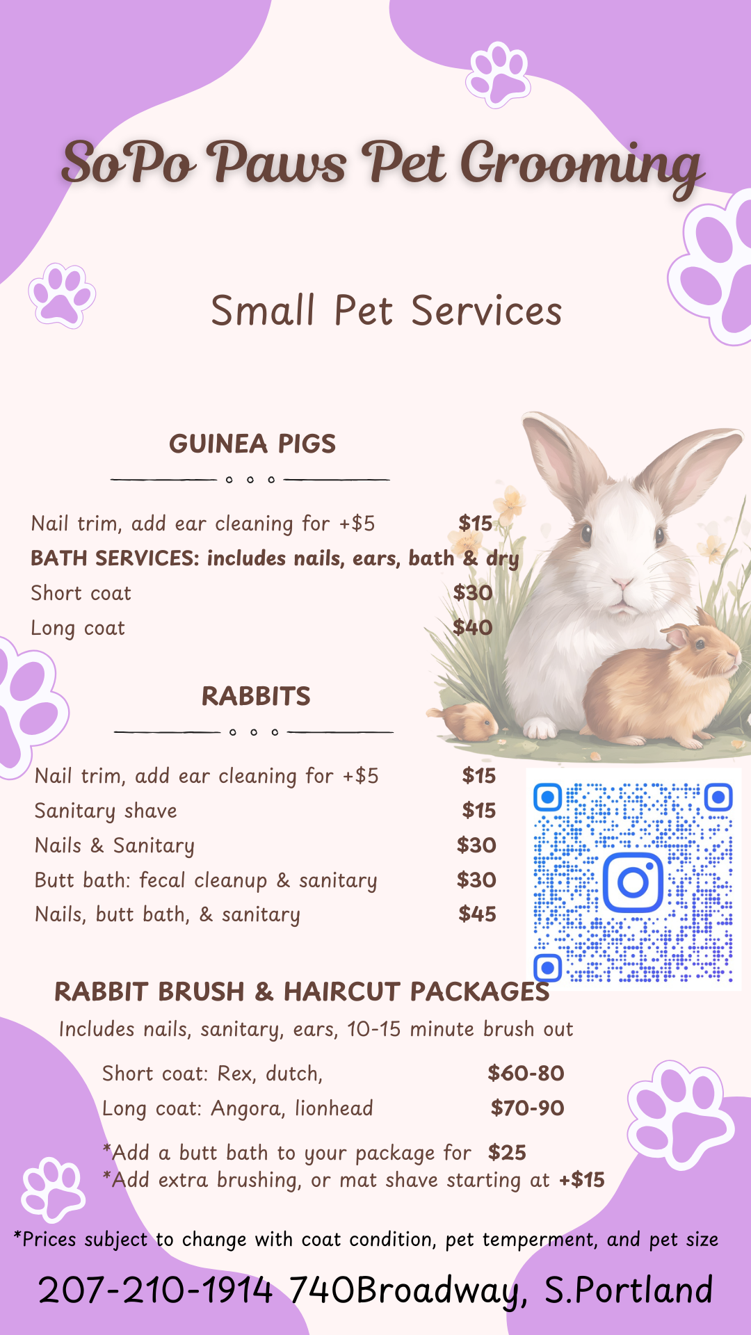 A flyer for a pet grooming salon with a picture of two rabbits on it.