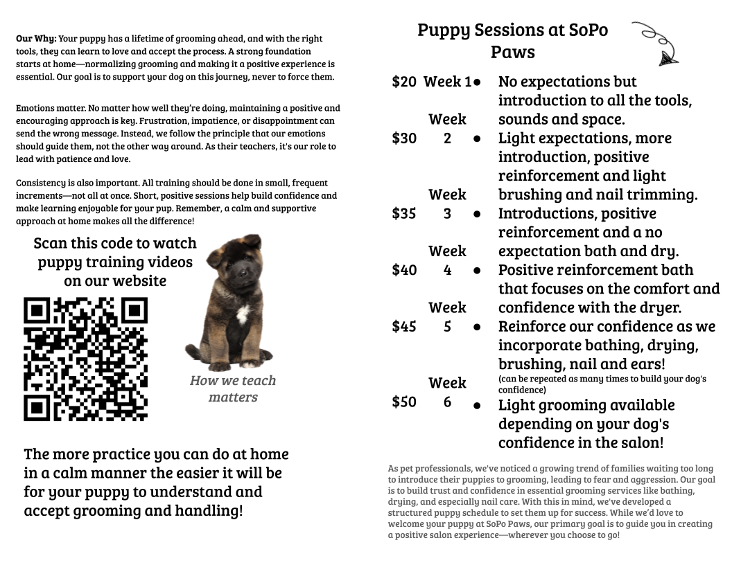 A pamphlet with a picture of a dog and a qr code.