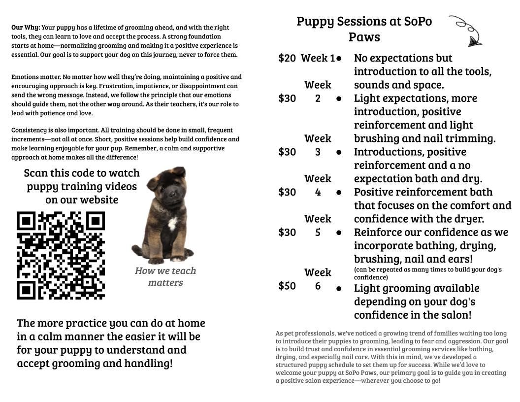 A pamphlet with a picture of a dog and a qr code.