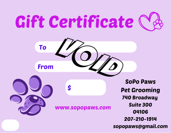 A purple gift certificate from sopo paws pet grooming
