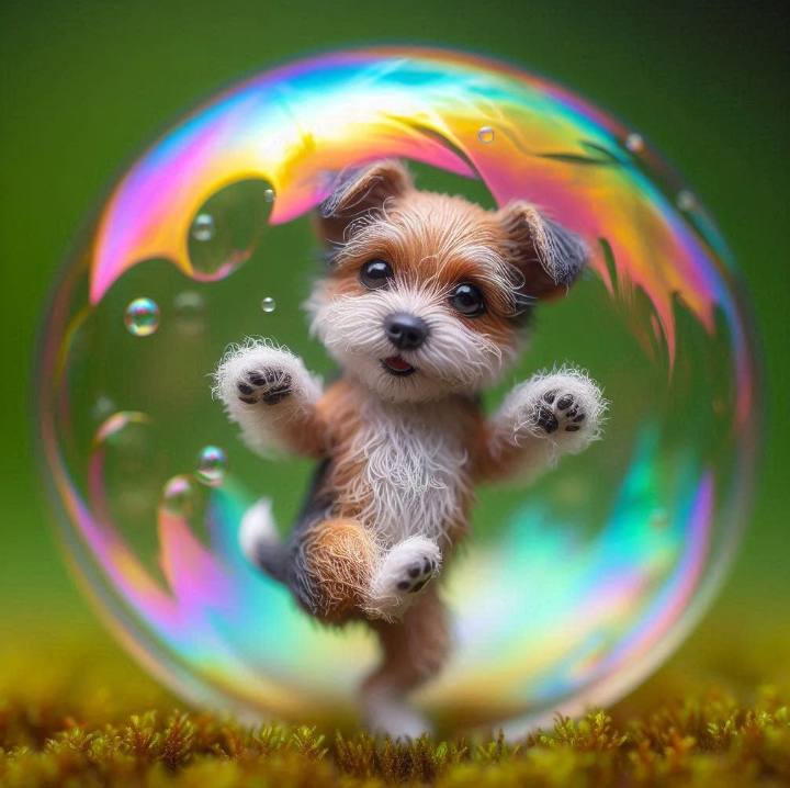 A small dog is standing inside of a soap bubble.