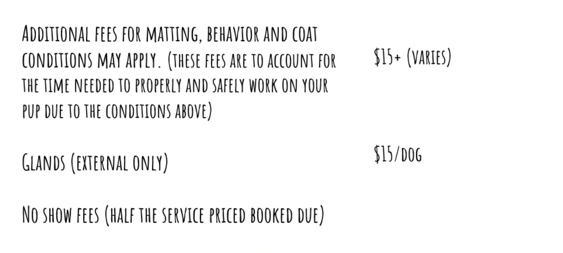 A list of additional fees for matters behavior and cost