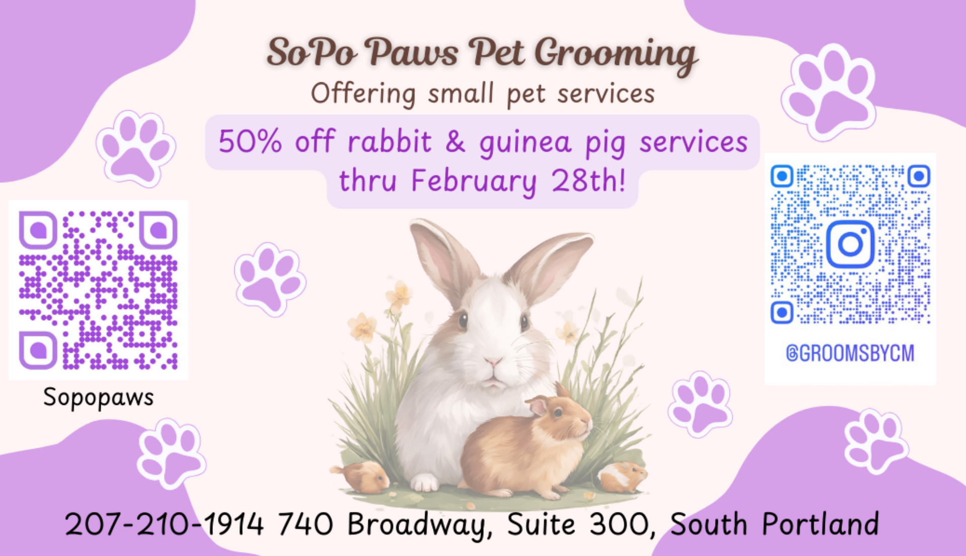 A business card for a pet grooming salon with a rabbit and guinea pig on it.