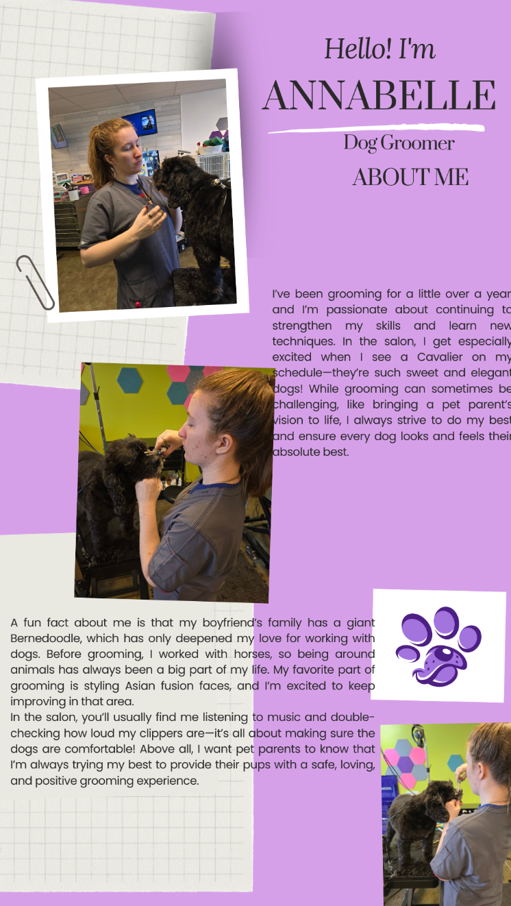 A collage of photos of a woman holding a microphone and a dog.