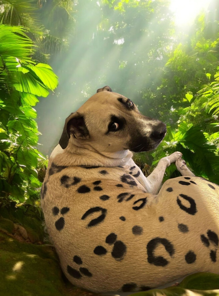 A dalmatian dog is laying down in the jungle