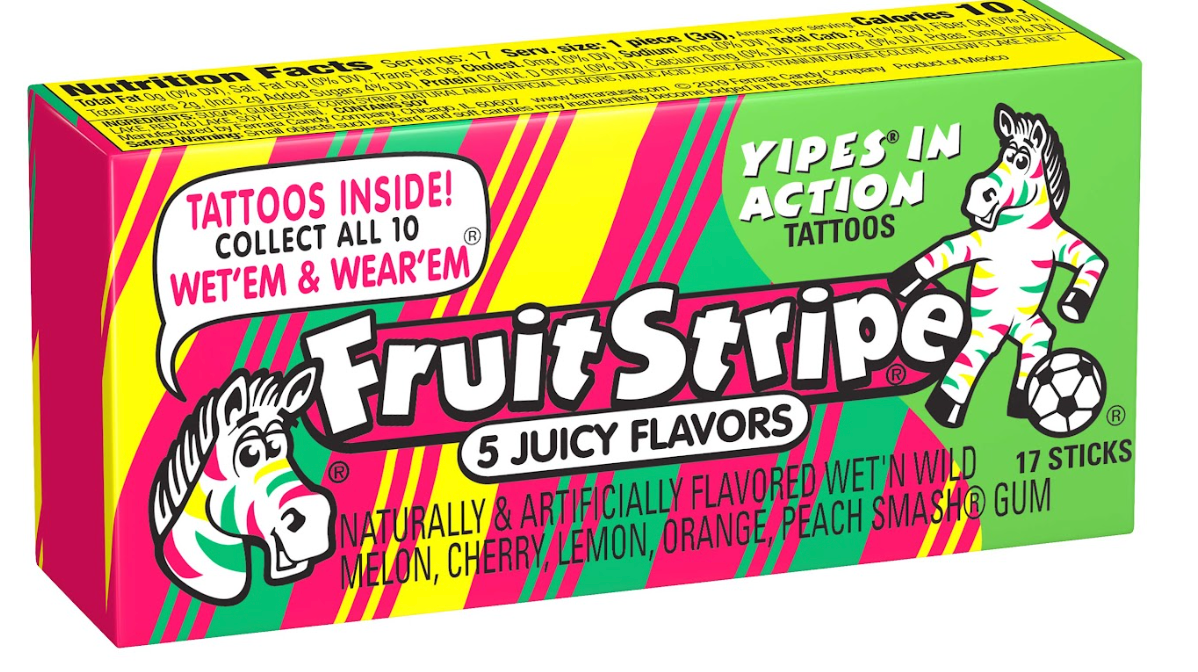 A box of fruit stripe gum with 5 different flavors