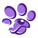 A purple paw print of a dog with a long tongue.