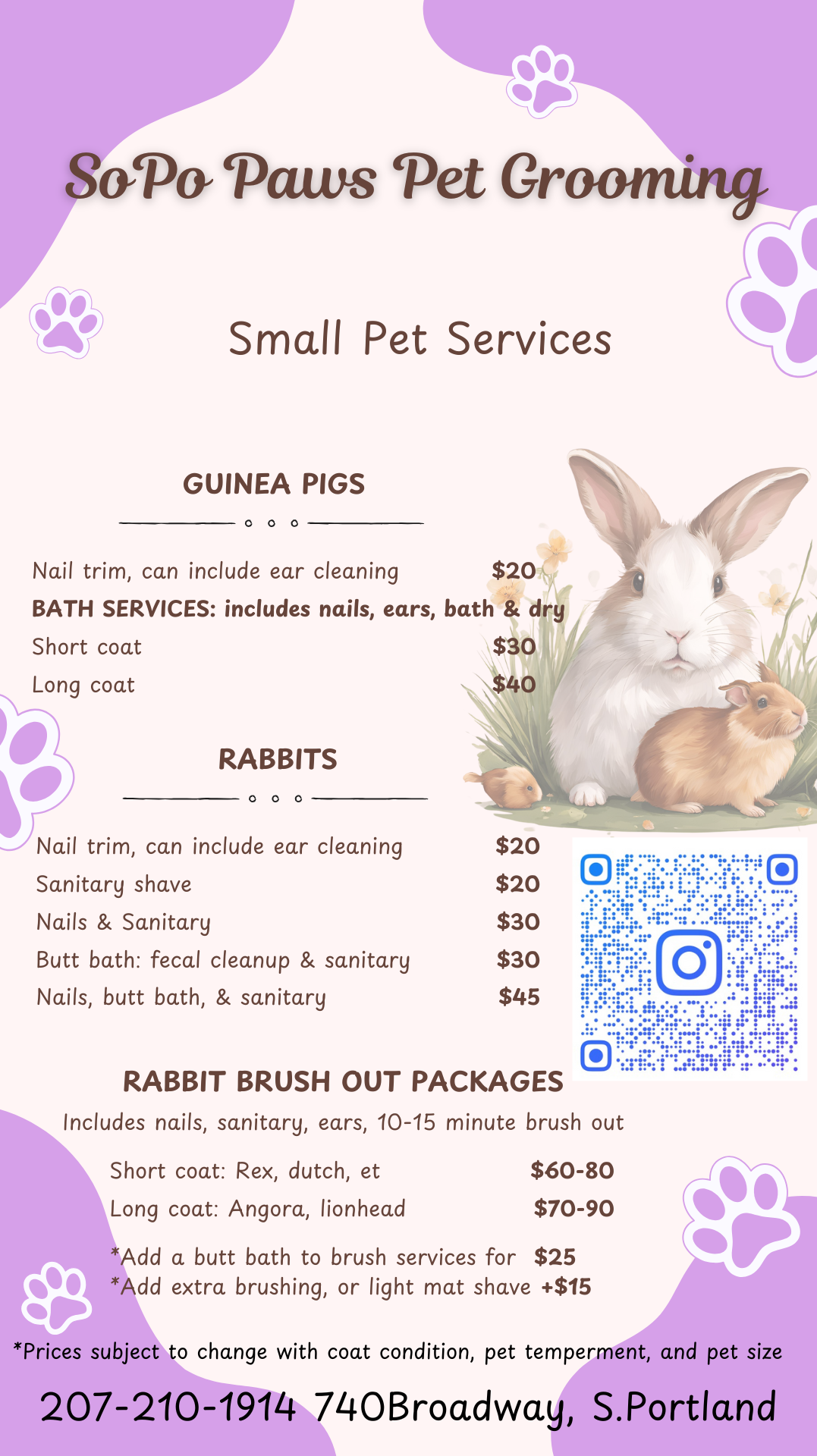 A flyer for a pet grooming salon with a picture of two rabbits on it.